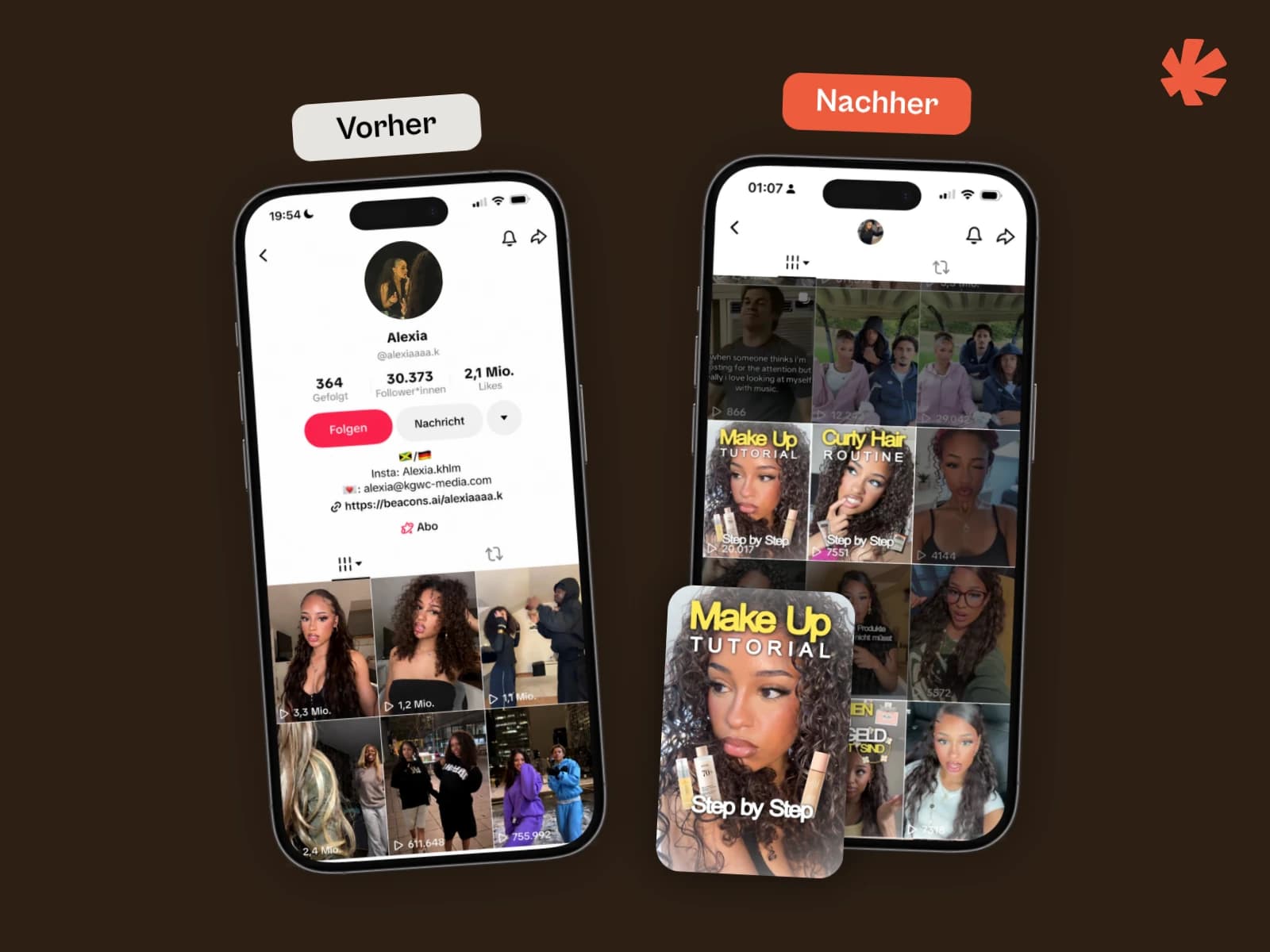 Zwei Smartphone-Ansichten von Alexias TikTok-Profil nebeneinander, links mit „Vorher“ und rechts mit „Nachher“ beschriftet. Links ein gemischter Feed ohne durchgehende Bildsprache, rechts ein aufgeräumter Feed mit wiederkehrenden Titelbildern wie „Make Up Tutorial“ und „Curly Hair Routine“.