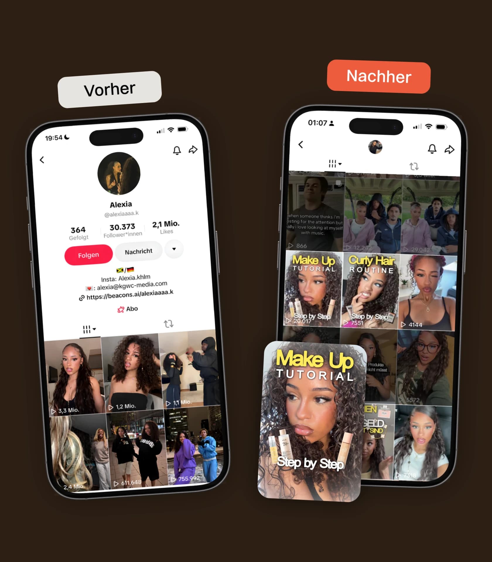 Zwei Smartphone-Ansichten von Alexias TikTok-Profil übereinander versetzt, links mit „Vorher“ und rechts mit „Nachher“ beschriftet. Links ein gemischter Feed ohne durchgehende Bildsprache, rechts ein aufgeräumter Feed mit wiederkehrenden Titelbildern.