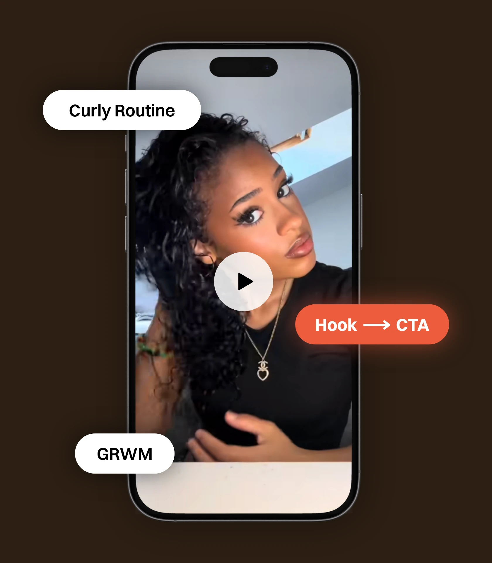 Ein Smartphone im Hochformat zeigt ein Video von Alexia mit Play-Symbol. Um das Gerät herum liegen drei Format-Tags, darunter „Curly Routine“, ein Kürzel für ein Get-Ready-Format und ein coralfarbenes Label „Hook → CTA“.